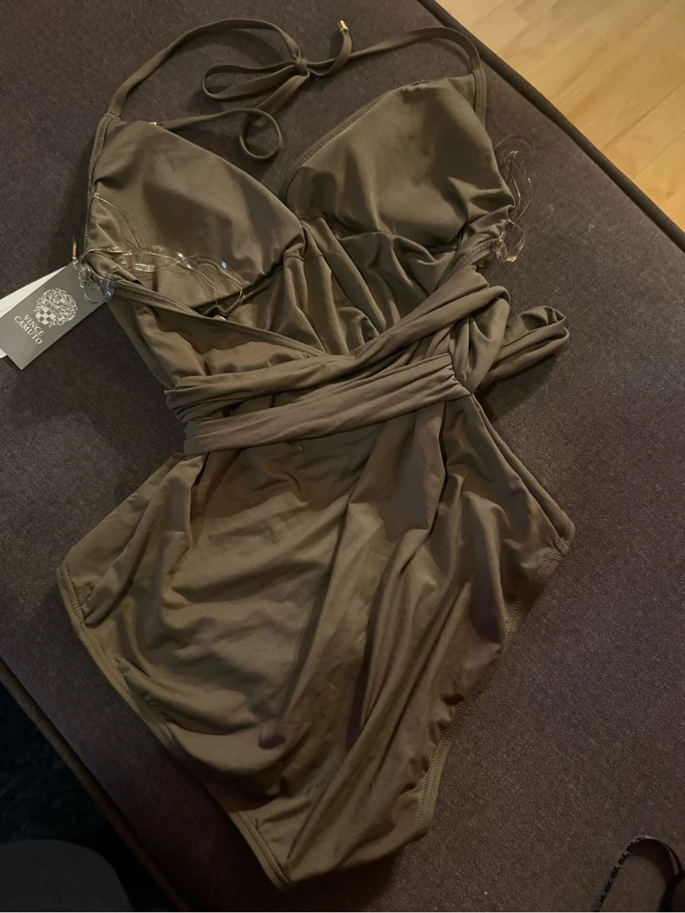 Vince Camuto Olive Green Halter One-Piece Swimsuit Waist Tie, Size 14 - NWT - Picture 2 of 3